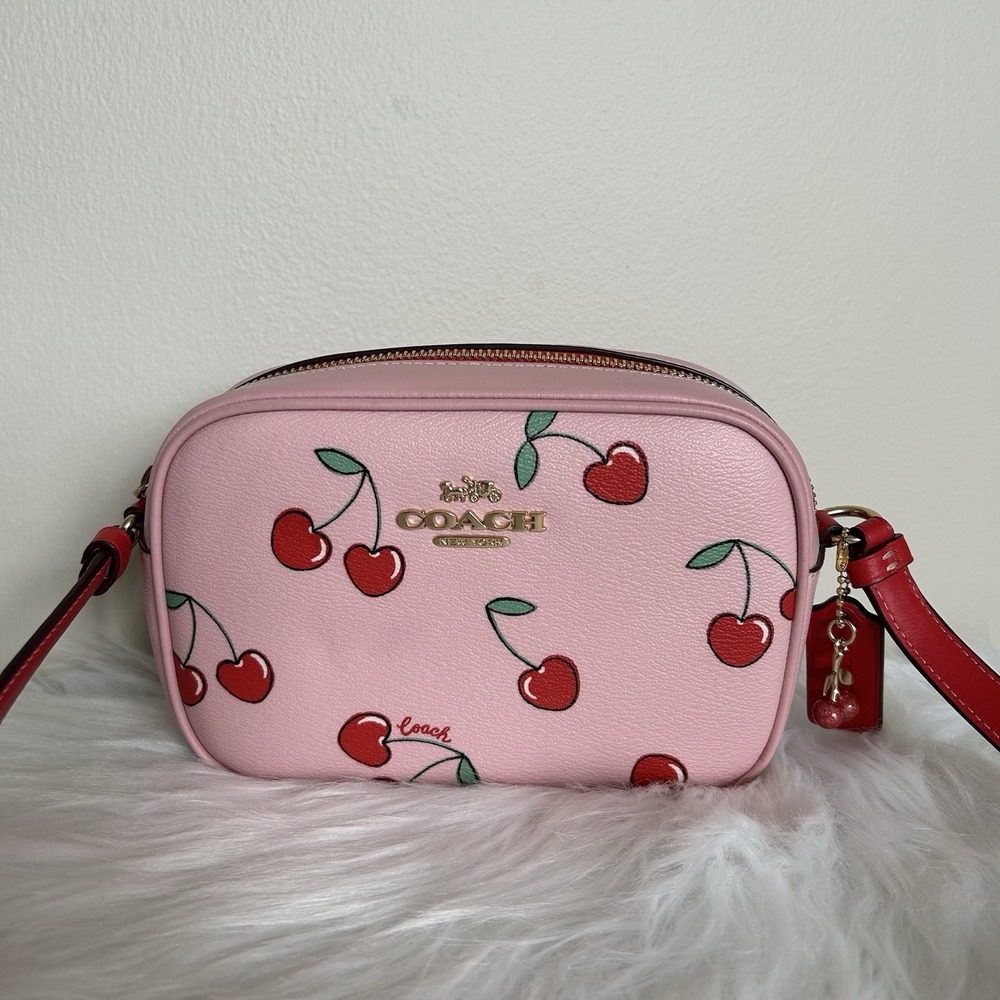 Coach Jamie Camera Bag Pink Cherry Print‎ Pebbled Leather Crossbody Excellent